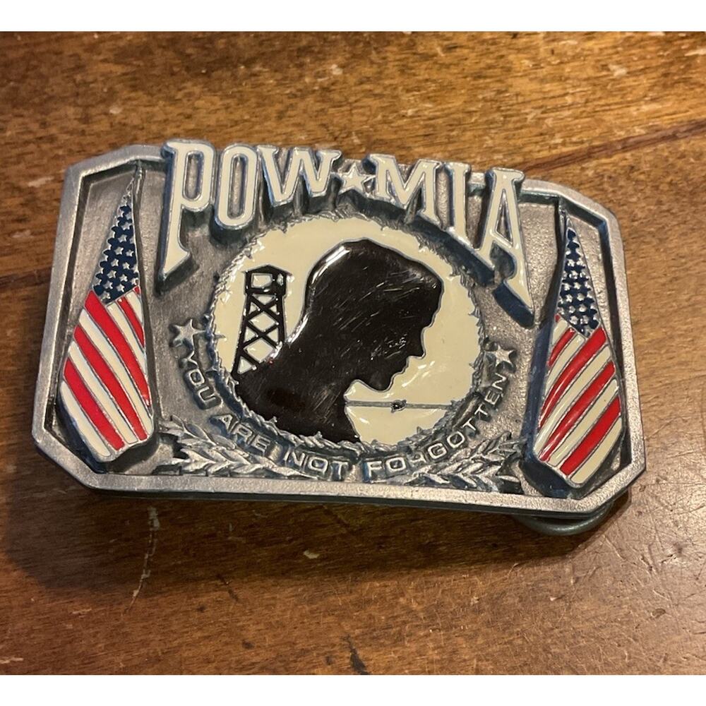 POW/MIA Bergamot Z-52/A Silhouette Flag Pewter Metal Belt Buckle 2.5" X 3"